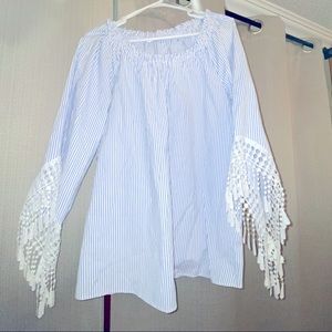 Blue striped top with “Belle” sleeves - Size Large